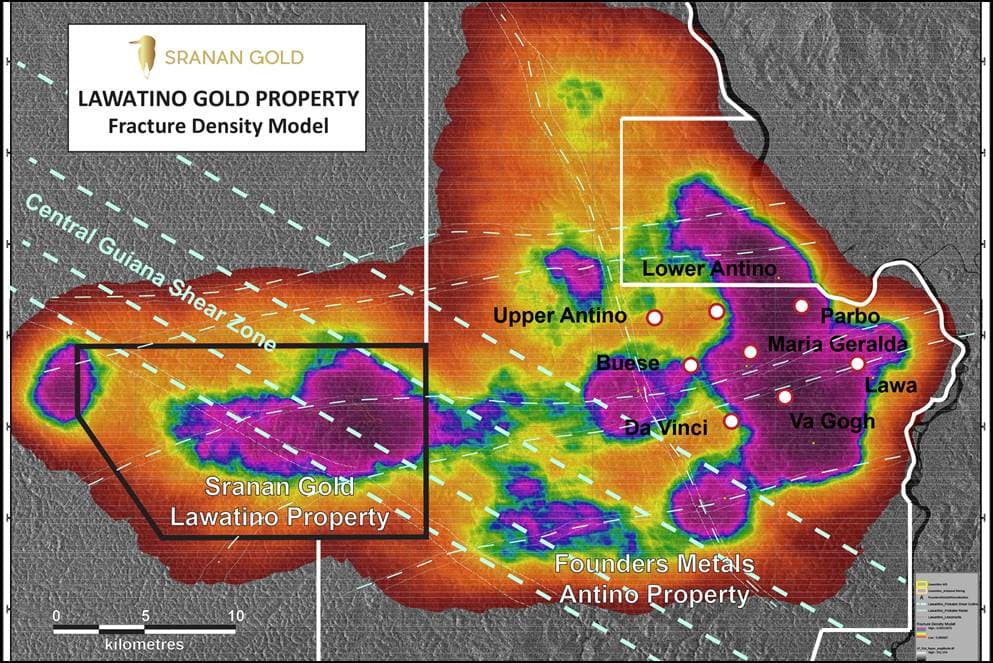 Lawatino Gold Property regional fracture density map showing the Central Guiana Shear Zone